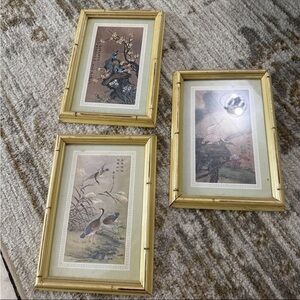 3 Vintage Oriental Silk Embroidery Cranes Gold Bamboo Frame Matted 8x11